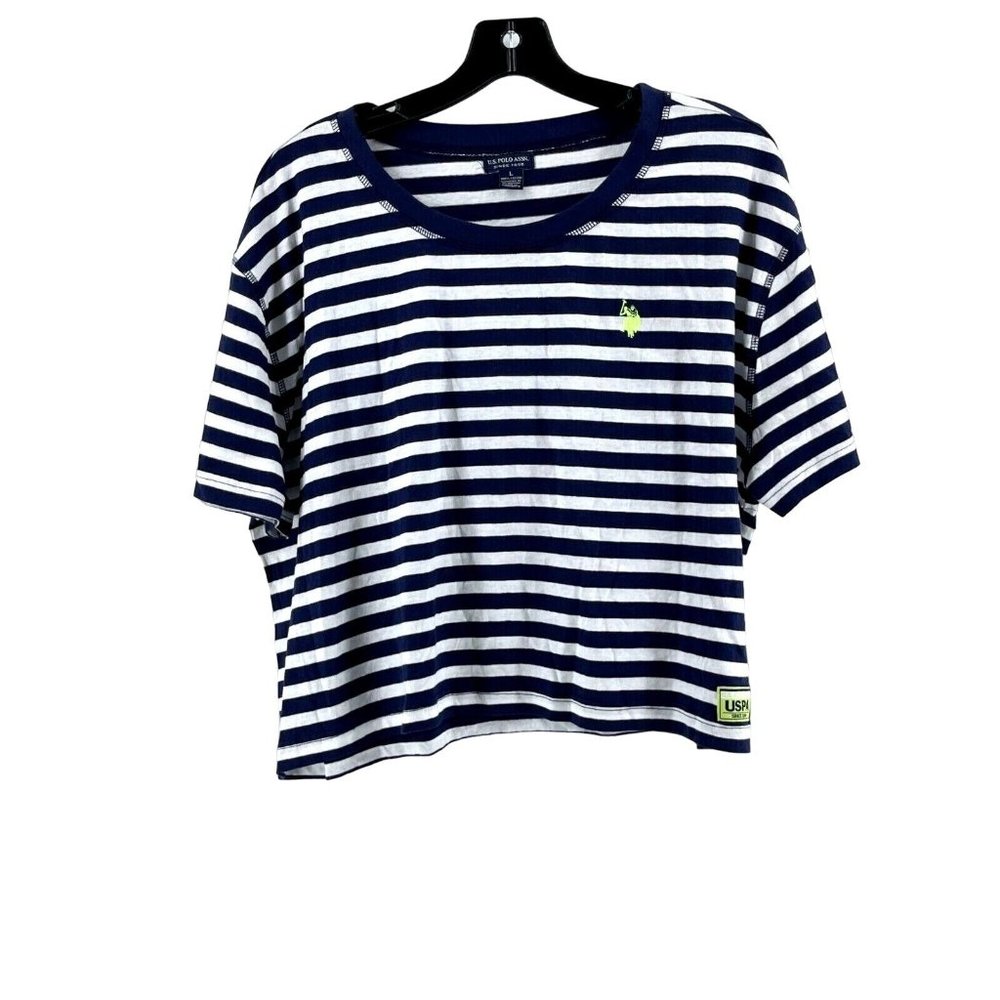 U.S. Polo Assn Women's Navy Blue White Striped Crop Tee T Shirt Top Size Large